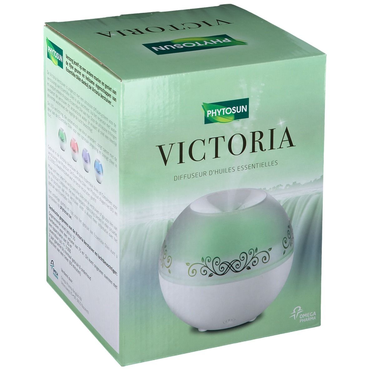 Emballage du produit. Inscription: Phytosun Victoria. Texte sur les caractéristiques du diffuseur. Le diffuseur est visible.