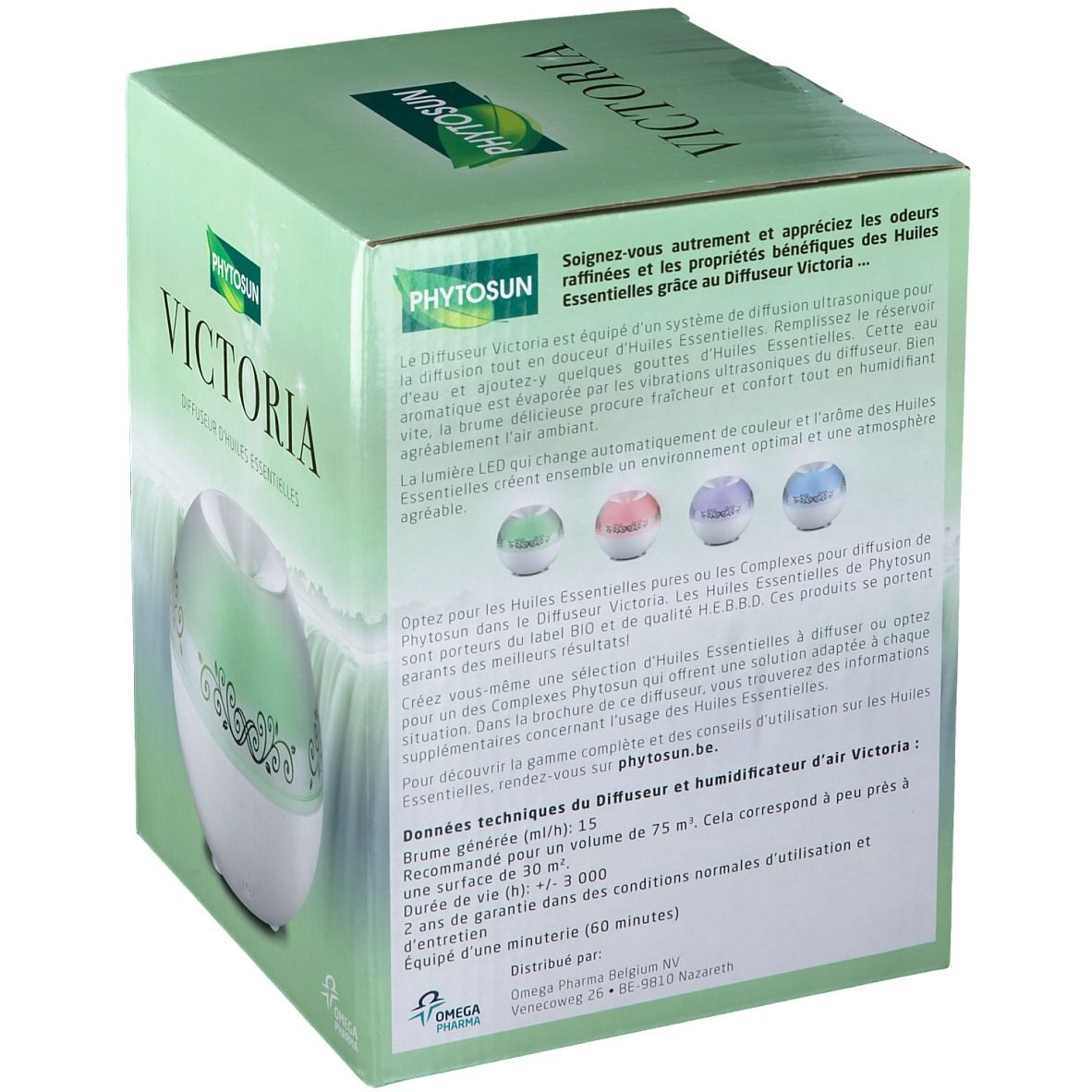 Emballage du produit. Inscription: Phytosun Victoria. Texte sur les caractéristiques du diffuseur. Le diffuseur est visible.