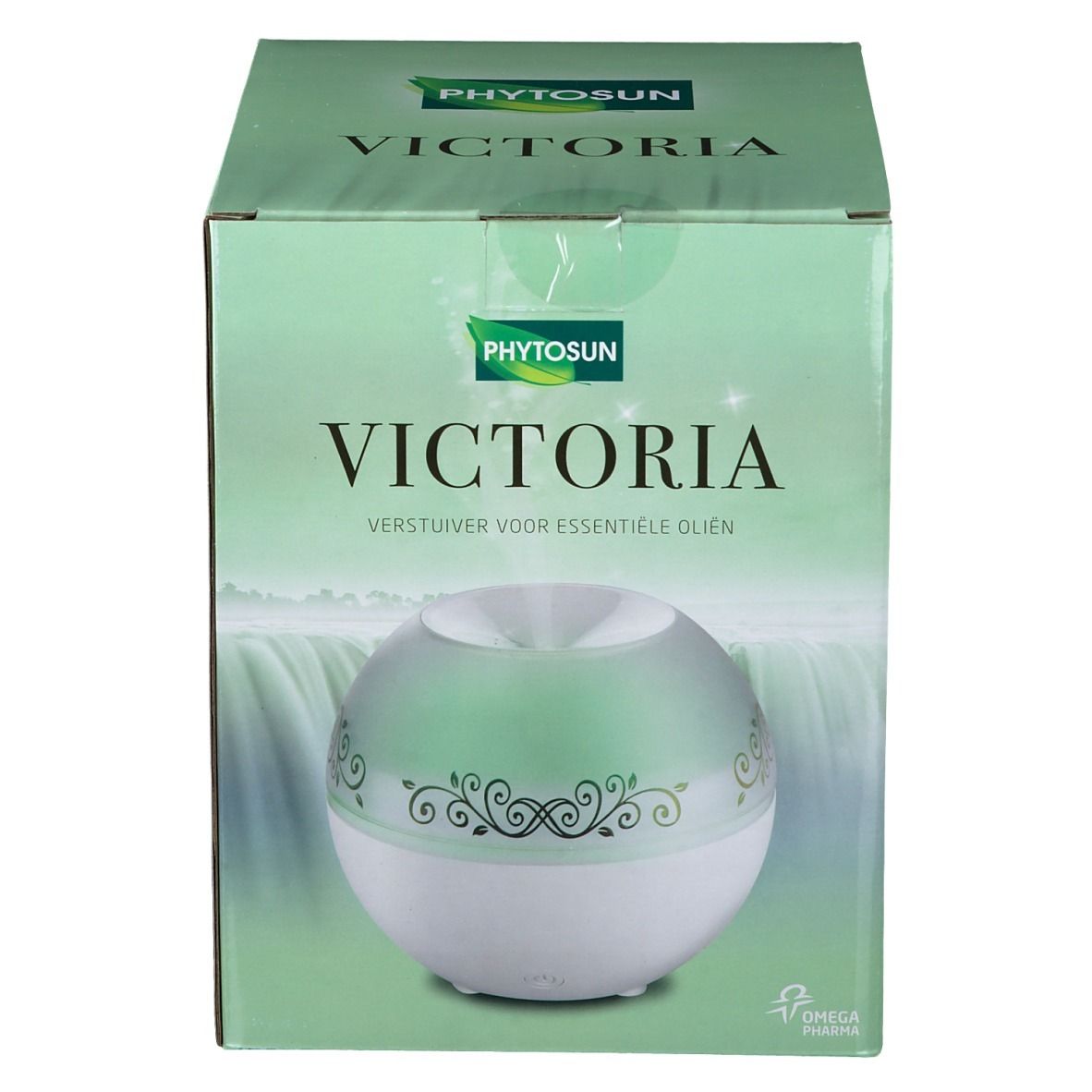 Boîte du produit. Inscription: Phytosun Victoria. Un diffuseur blanc et vert avec motif floral est visible.