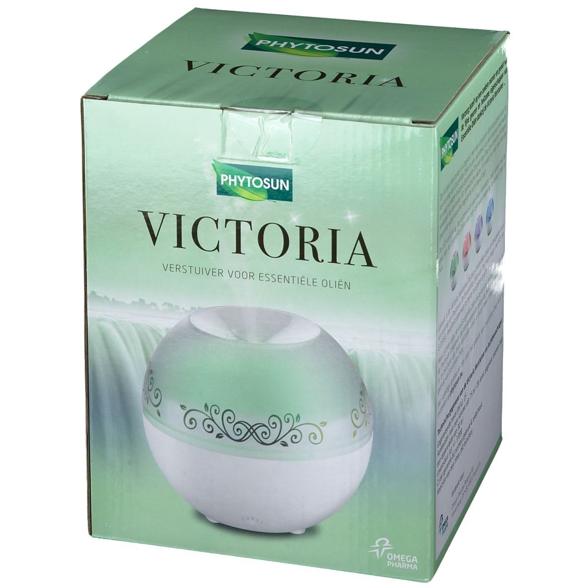 Boîte du produit. Inscription: Phytosun Victoria. Un diffuseur blanc et vert avec motif floral est visible.