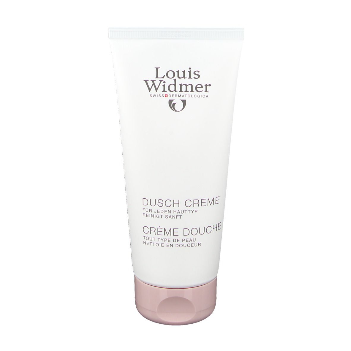 Weiße Tube mit rosa Verschluss. Aufschrift: Louis Widmer, Dusch Creme, für jeden Hauttyp, reinigt sanft. Schweizer Dermatologica.