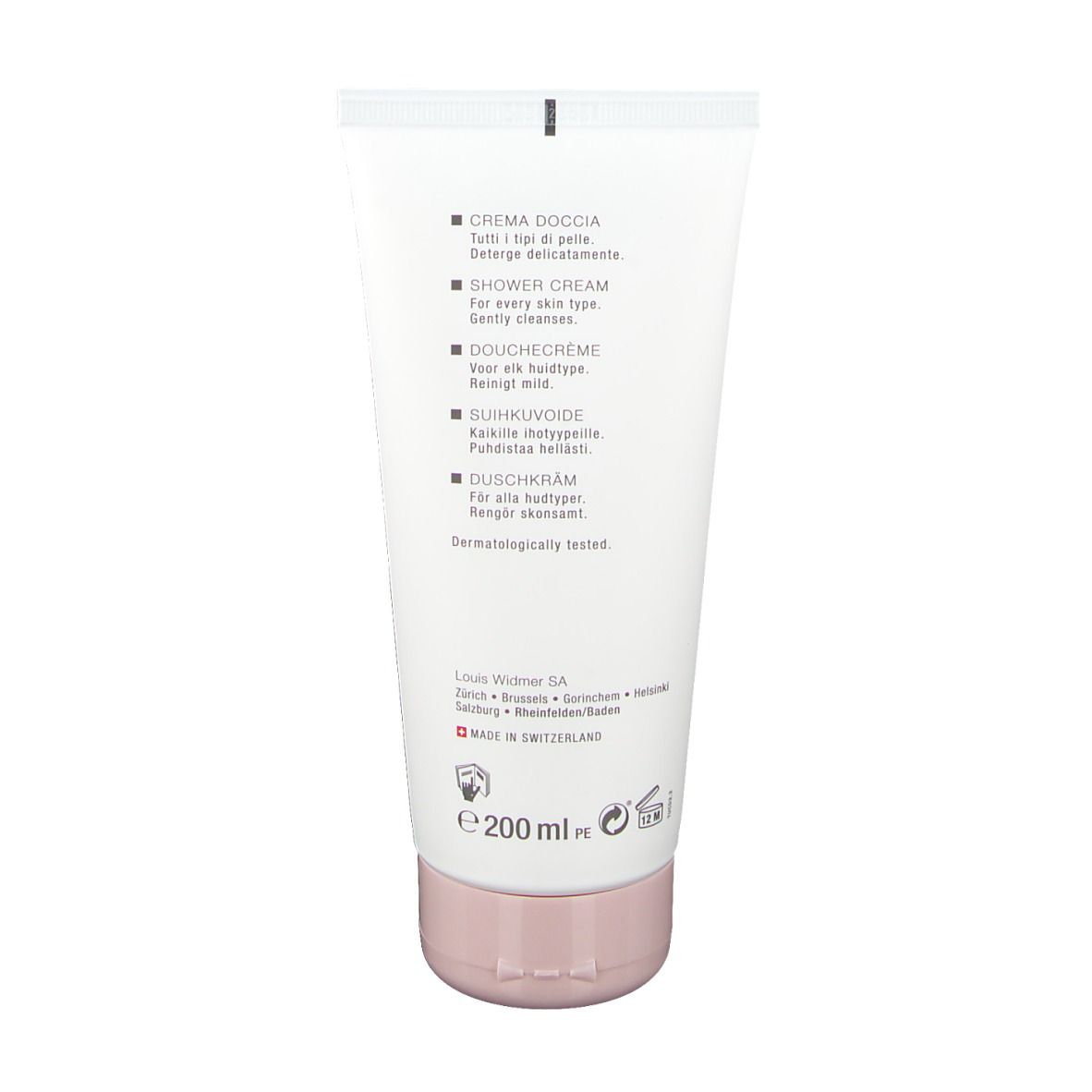 Rückseite der Tube. Text in mehreren Sprachen: Crema Doccia, Shower Cream, Douchecrème, Duschkräm. Dermatologisch getestet. 200 ml.