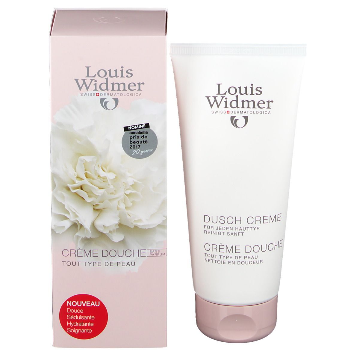 Produktverpackung mit Tube und Schachtel. Schachtel mit Blüte und Text: Louis Widmer, Crème Douche, tout type de peau. Auszeichnung.