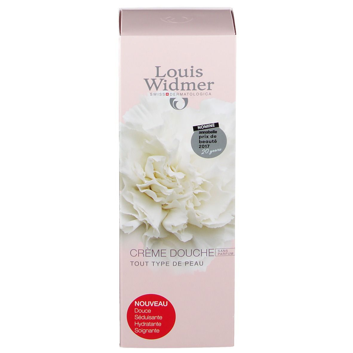 Produktverpackung. Rosa Schachtel mit Blüte und Text: Louis Widmer, Crème Douche, tout type de peau. Auszeichnung, Nouveau.