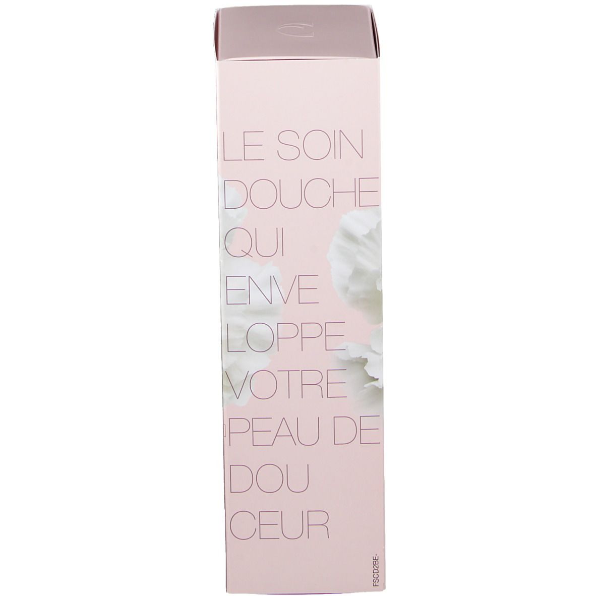 Seite der Produktverpackung. Text: Le soin douche qui enveloppe votre peau de douceur. Blüte.