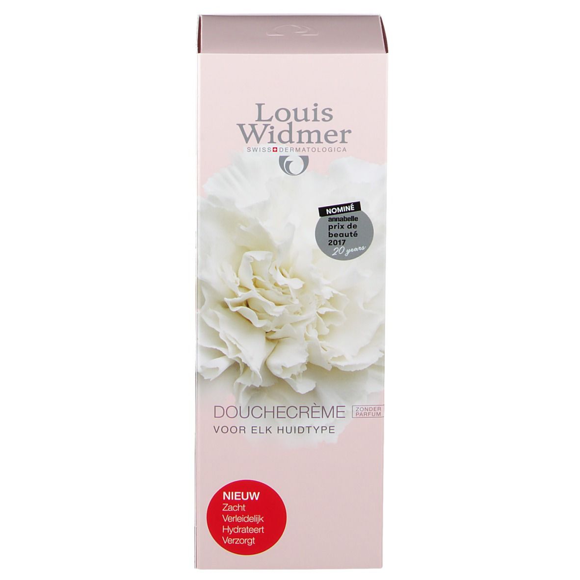 Produktverpackung. Rosa Schachtel mit Blüte und Text: Douchecrème, voor elk huidtype. Auszeichnung, Nieuw.
