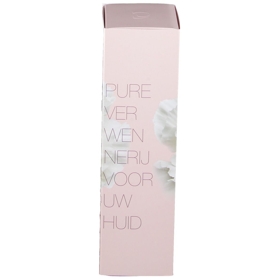Seite der Produktverpackung. Text: Pure verwennnerij voor uw huid. Blüte.