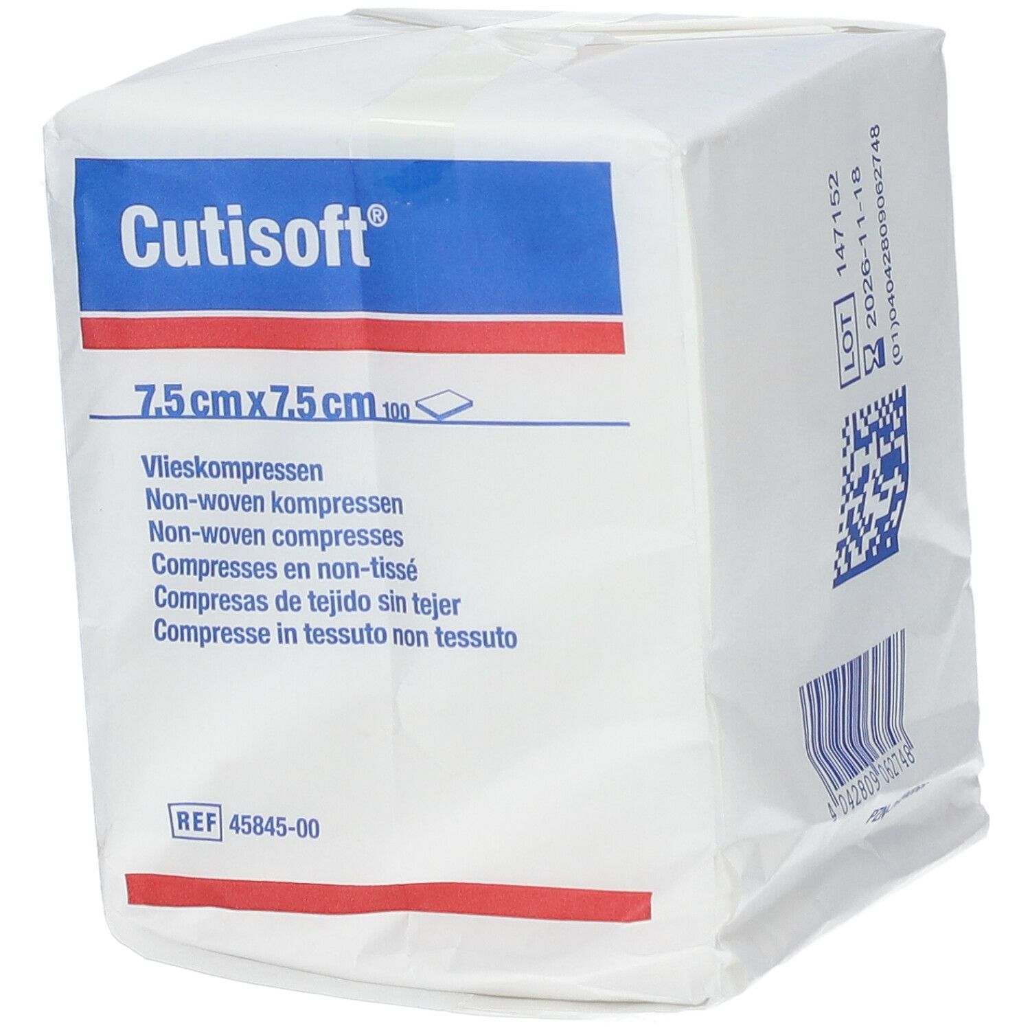 Vierkante verpakking Cutisoft®, 7,5 cm x 7,5 cm non-woven kompressen. Witte verpakking met blauwe en rode accenten.