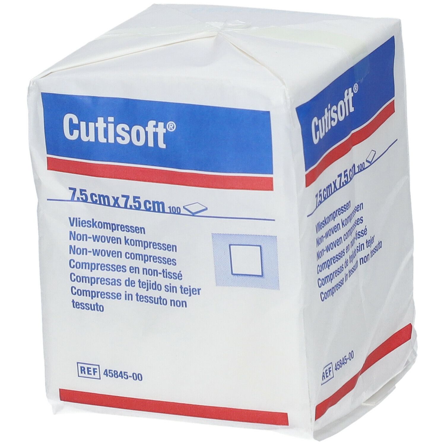 Vierkante verpakking Cutisoft®, 7,5 cm x 7,5 cm non-woven kompressen. Witte verpakking met blauwe en rode details.