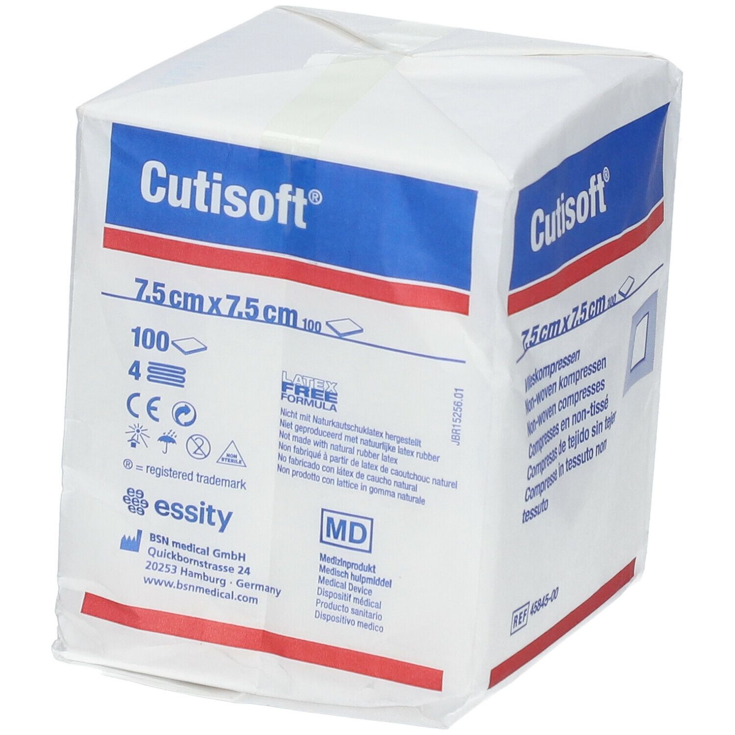 Vierkante verpakking Cutisoft®, 7,5 cm x 7,5 cm non-woven kompressen. Witte verpakking met blauwe en rode details.