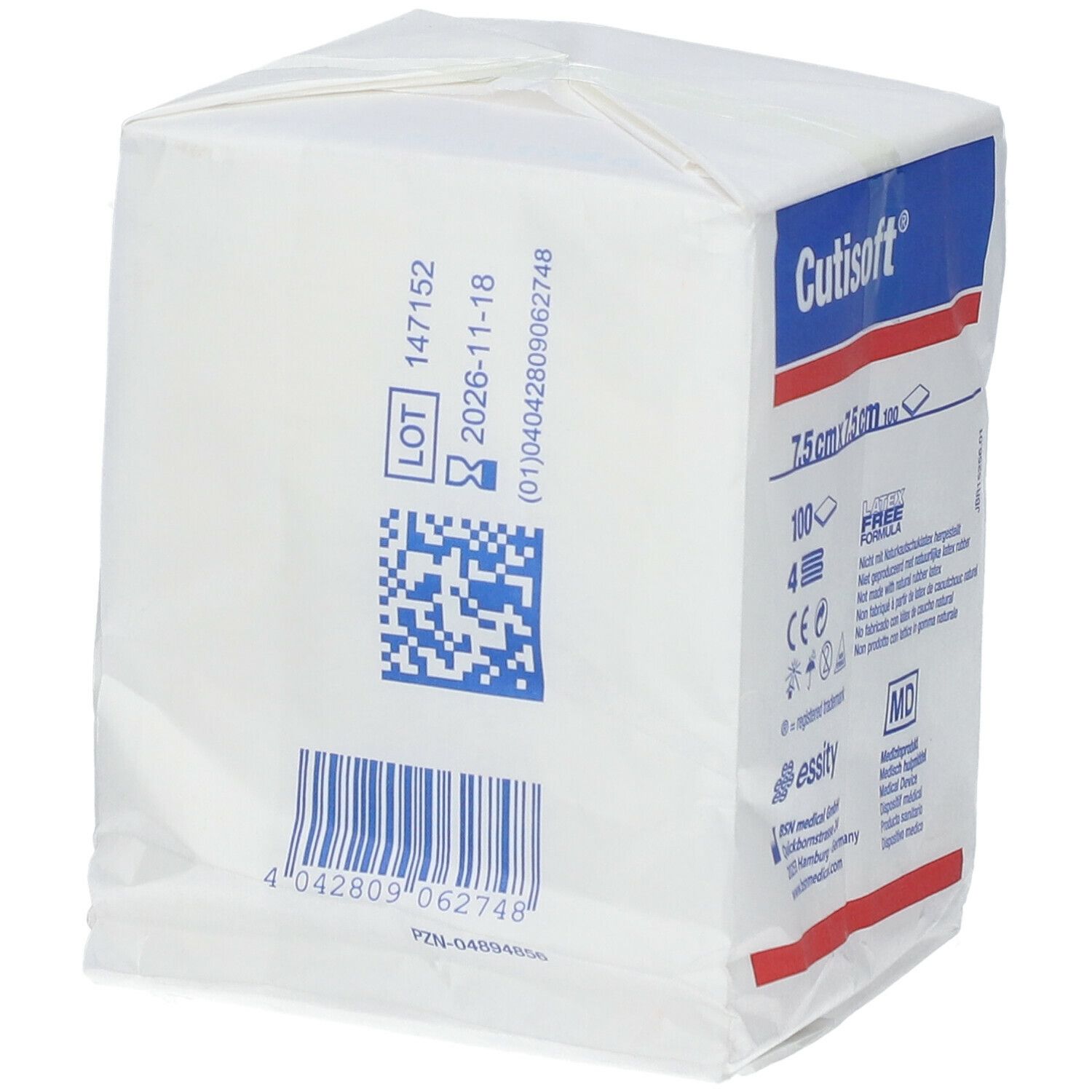 Vierkante verpakking Cutisoft®, 7,5 cm x 7,5 cm non-woven kompressen. Witte verpakking met blauwe en rode details.