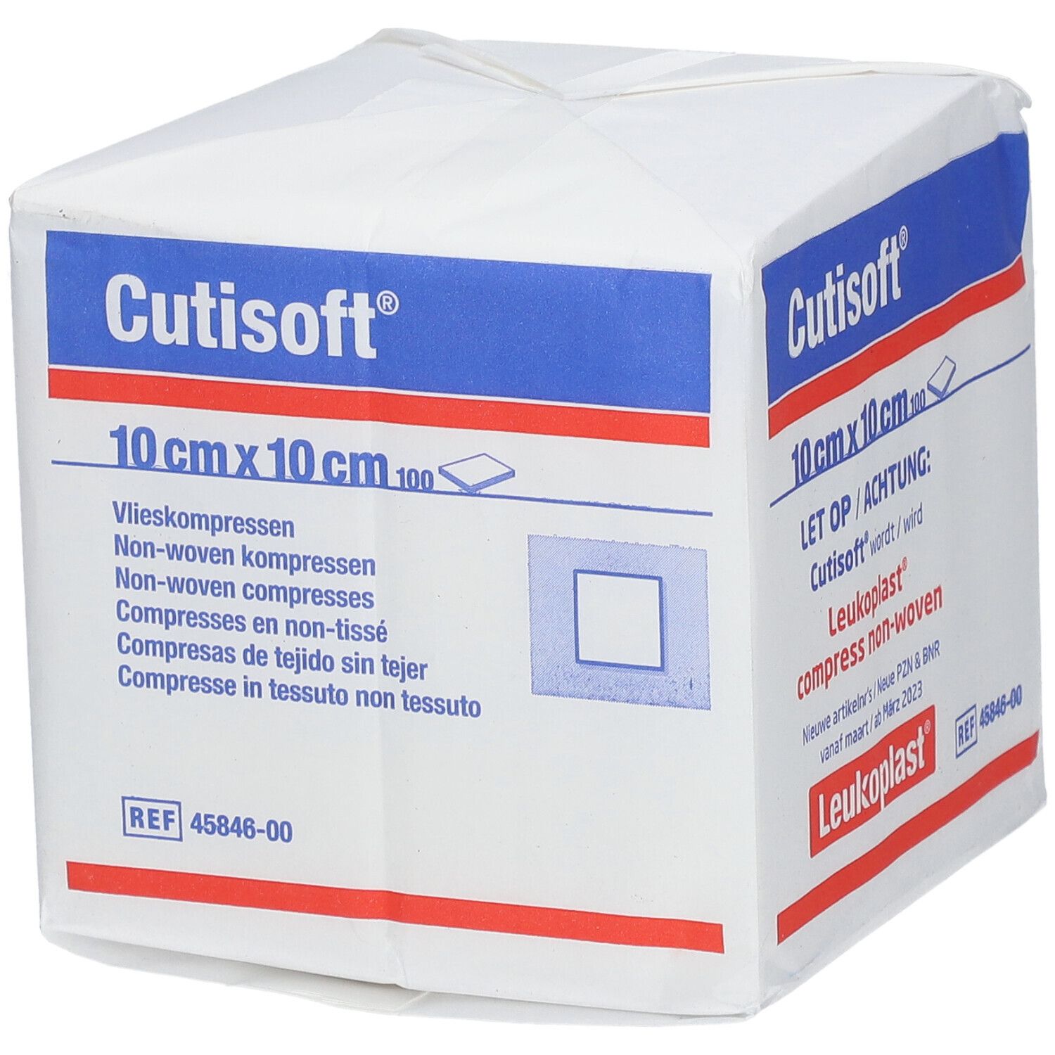 Emballage de compresses non tissées Cutisoft®, 10 cm x 10 cm. Marque Leukoplast®.