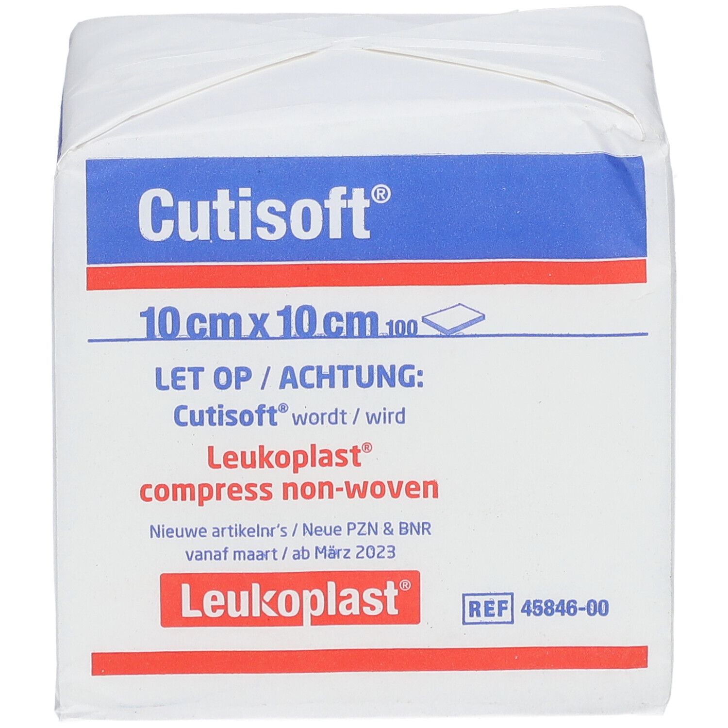 Emballage de compresses non tissées Cutisoft®, 10 cm x 10 cm. Marque Leukoplast®.