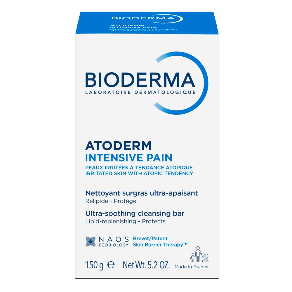 Witte kartonnen verpakking met blauwe accenten. BIODERMA-logo en productnaam 'Atoderm Intensive Pain' duidelijk zichtbaar.