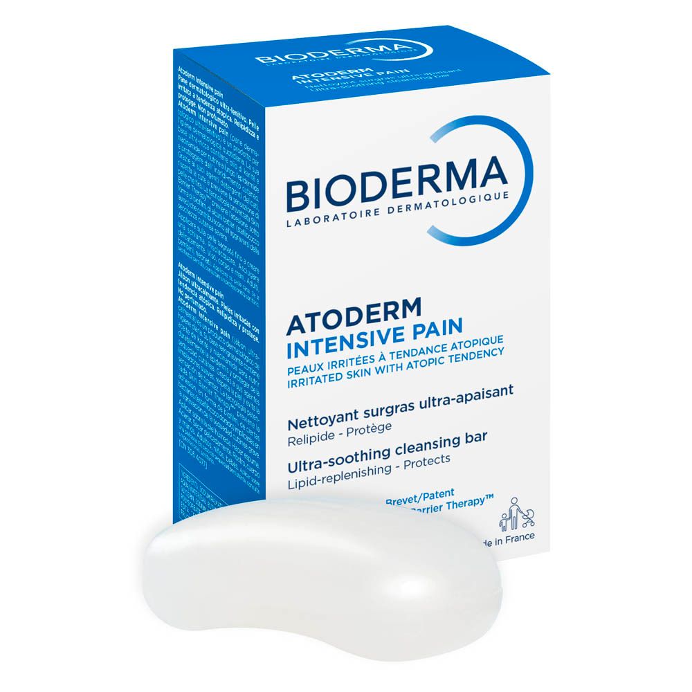 Witte zeep in ovale vorm voor de verpakking. BIODERMA-logo en productnaam zichtbaar.