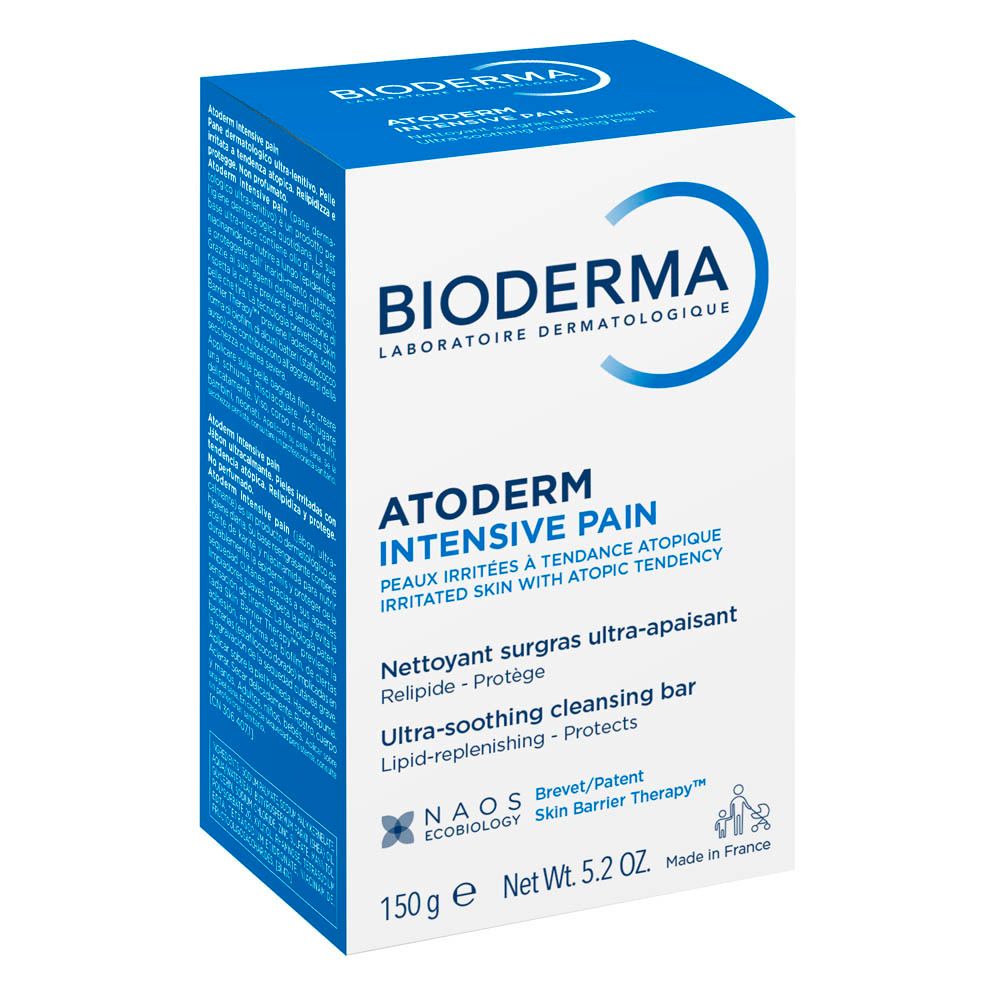 Witte kartonnen verpakking met blauwe accenten. BIODERMA-logo en productnaam 'Atoderm Intensive Pain' duidelijk zichtbaar.