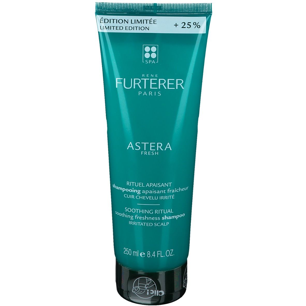 Tube vert de shampooing. Inscriptions: "Édition Limitée", "+25%", "Rene Furterer ASTERA". Contenance: 250 ml.