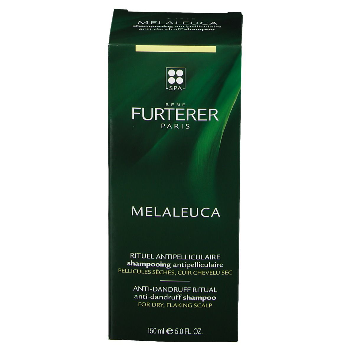 Boîte verte avec inscription: Rene Furterer, Melaleuca, Rituel antipelliculaire. 150 ml.