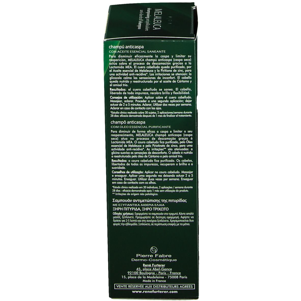 Boîte verte, vue latérale. Texte multilingue. Informations fabricant et description du produit.