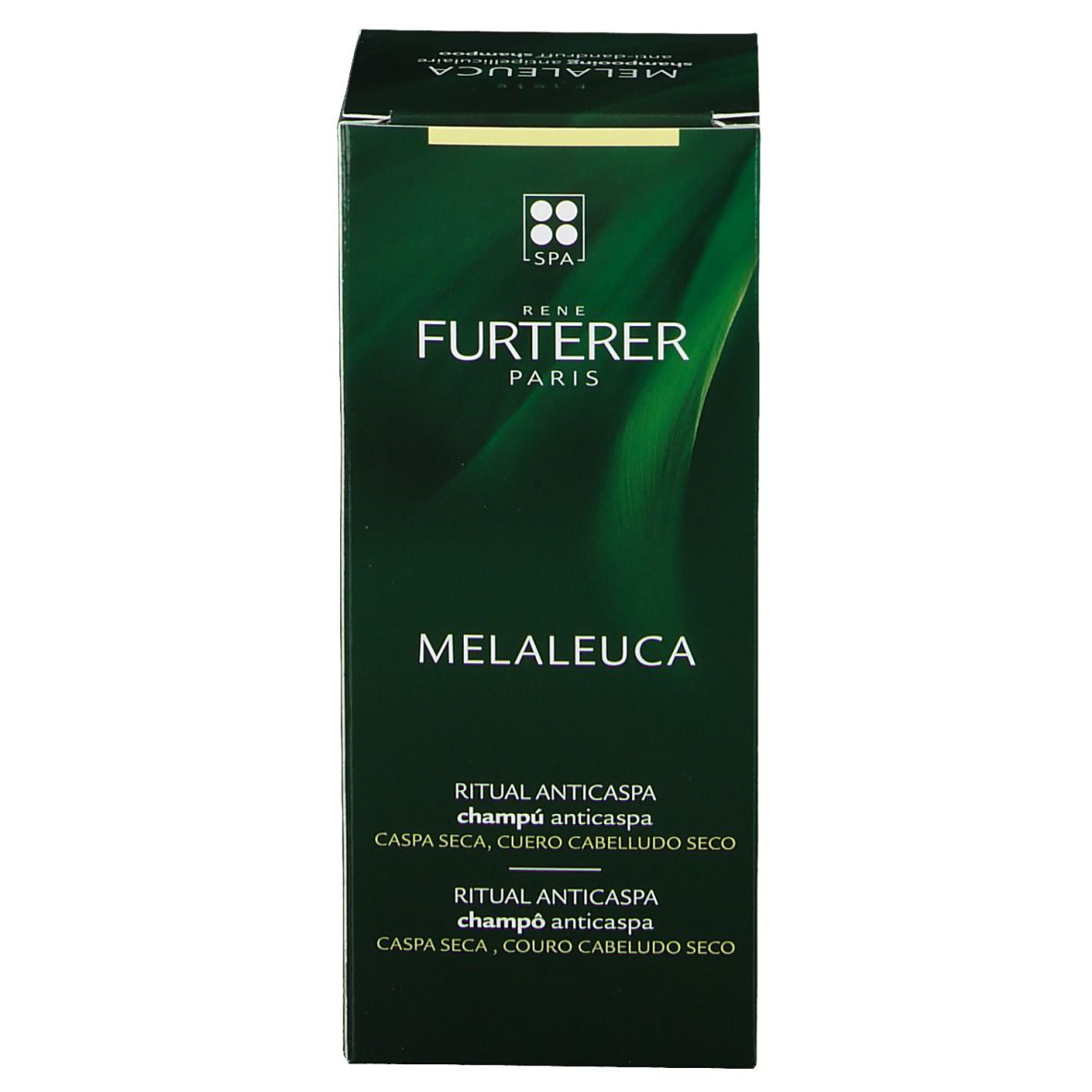 Boîte verte, face avant. Inscription: Rene Furterer, Melaleuca, Rituel antipelliculaire. 150 ml.