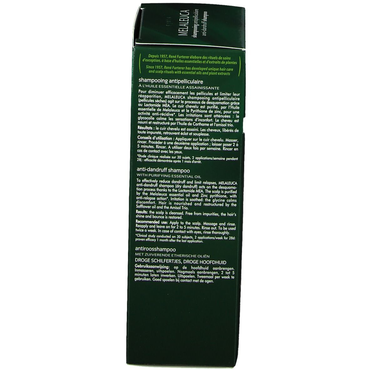 Boîte verte, dos. Texte multilingue. Description du produit et instructions d'utilisation.