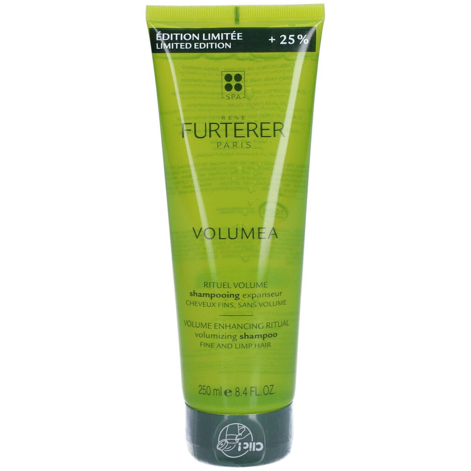 Tube vert "RENE FURTERER VOLUMEA". Texte "ÉDITION LIMITÉE" et "+25%". Bouchon noir. Inscription "250 ml 8.4 fl oz".