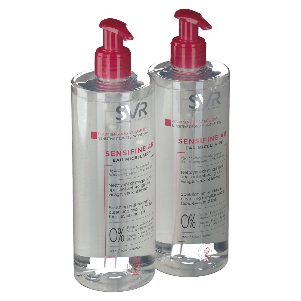 Deux flacons transparents avec pompe rouge. Inscription: SVR, Sensifine AR Eau Micellaire. 0%.