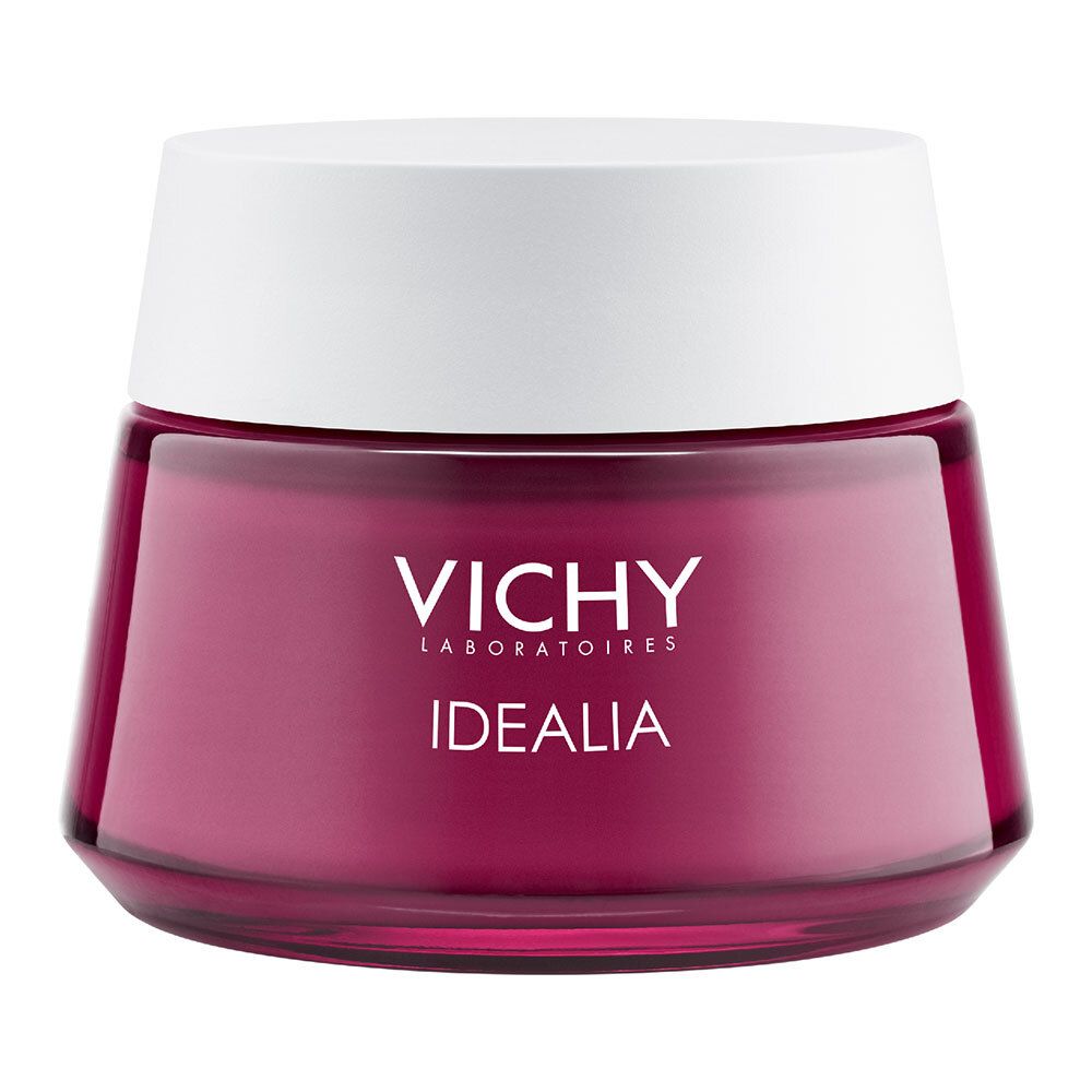 Ronde pot met witte deksel. Op de pot staat "VICHY IDEALIA". De pot is rood.