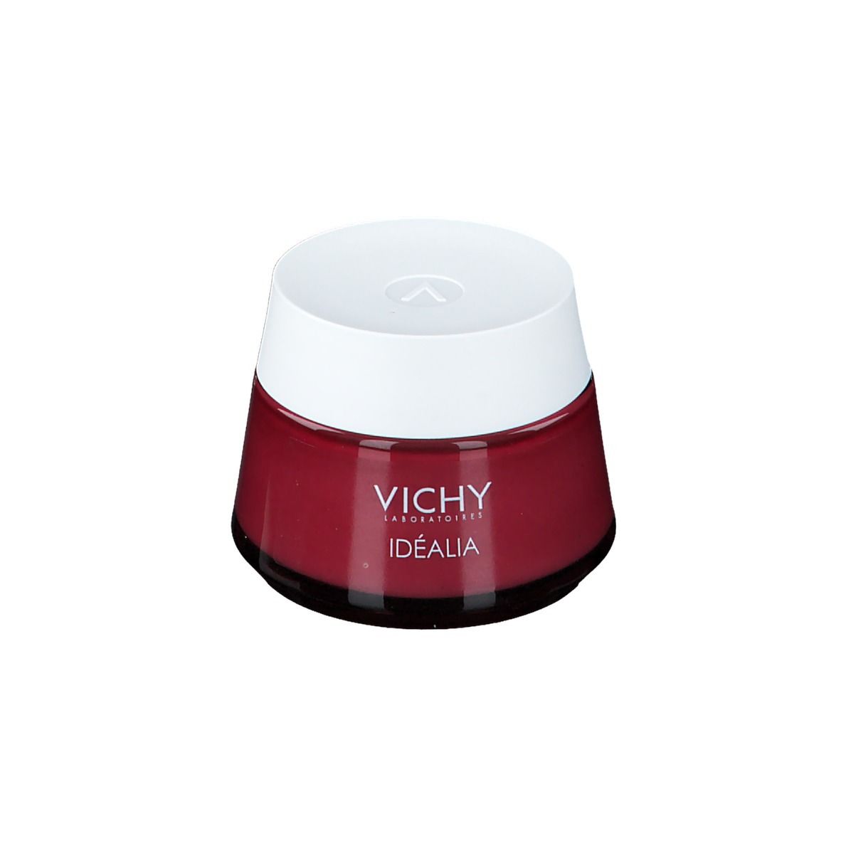 Ronde pot met witte deksel. Op de pot staat "VICHY IDEALIA". De pot is rood.