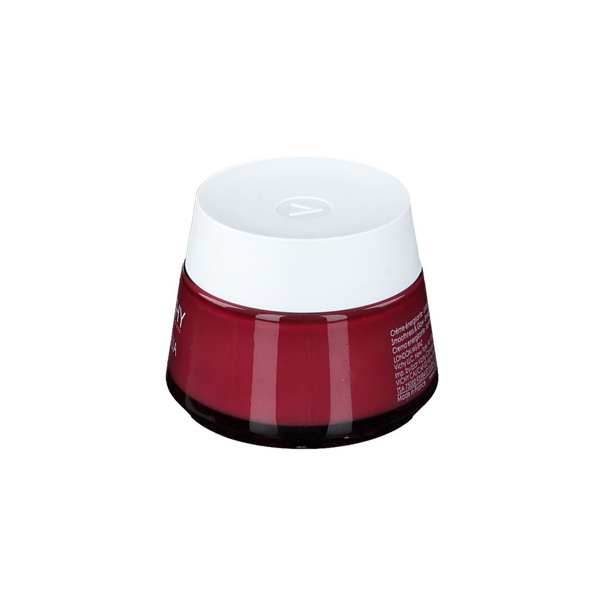 Ronde pot met witte deksel. Op de pot staat "VICHY IDEALIA". De pot is rood.