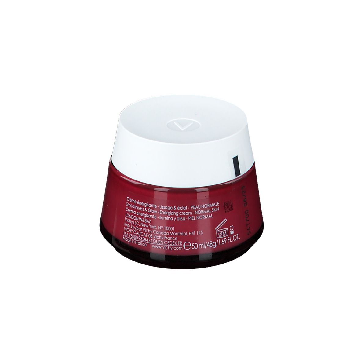 Ronde pot met witte deksel. Op de pot staat "VICHY IDEALIA". De pot is rood.