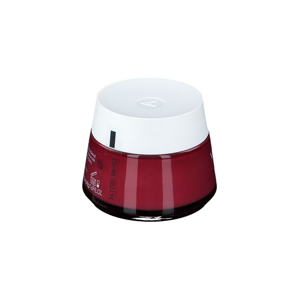 Ronde pot met witte deksel. Op de pot staat "VICHY IDEALIA". De pot is rood.
