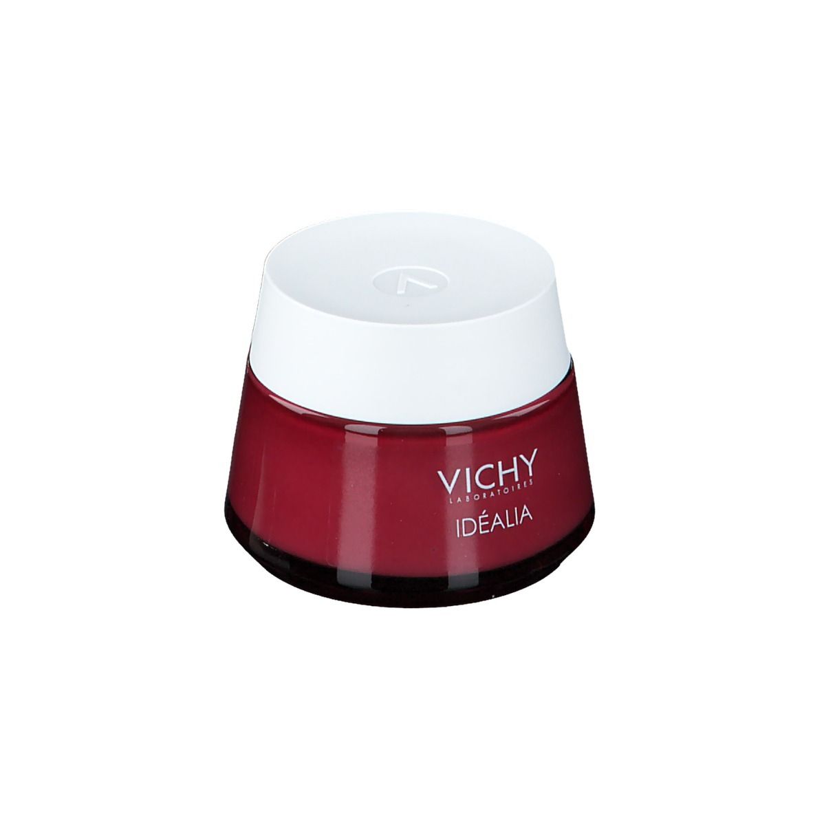 Ronde pot met witte deksel. Op de pot staat "VICHY IDEALIA". De pot is rood.