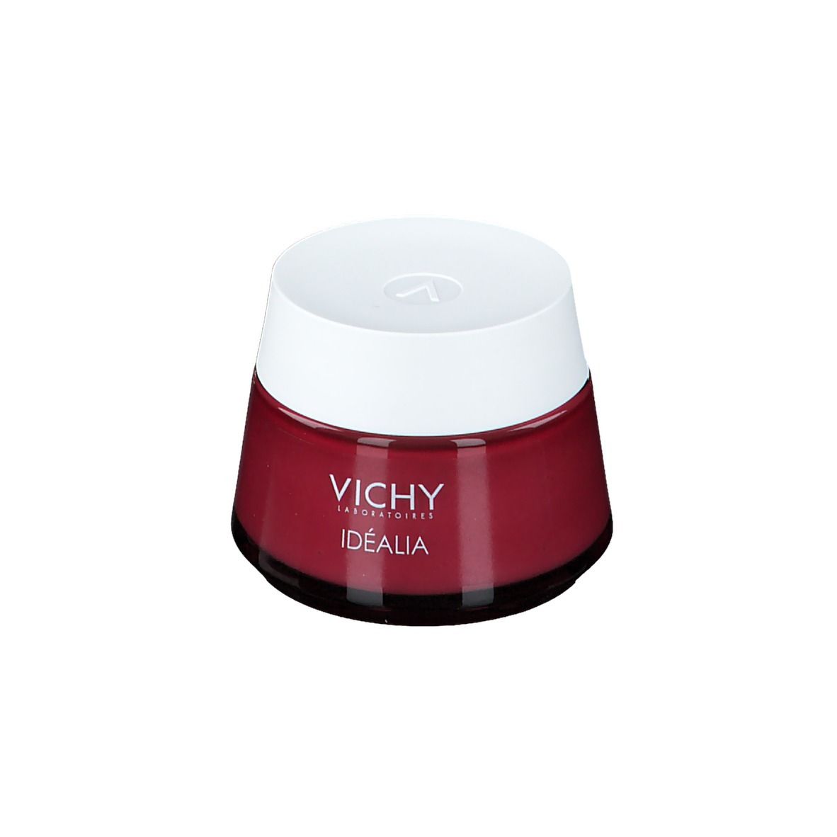 Ronde pot met witte deksel. Op de pot staat "VICHY IDEALIA". De pot is rood.