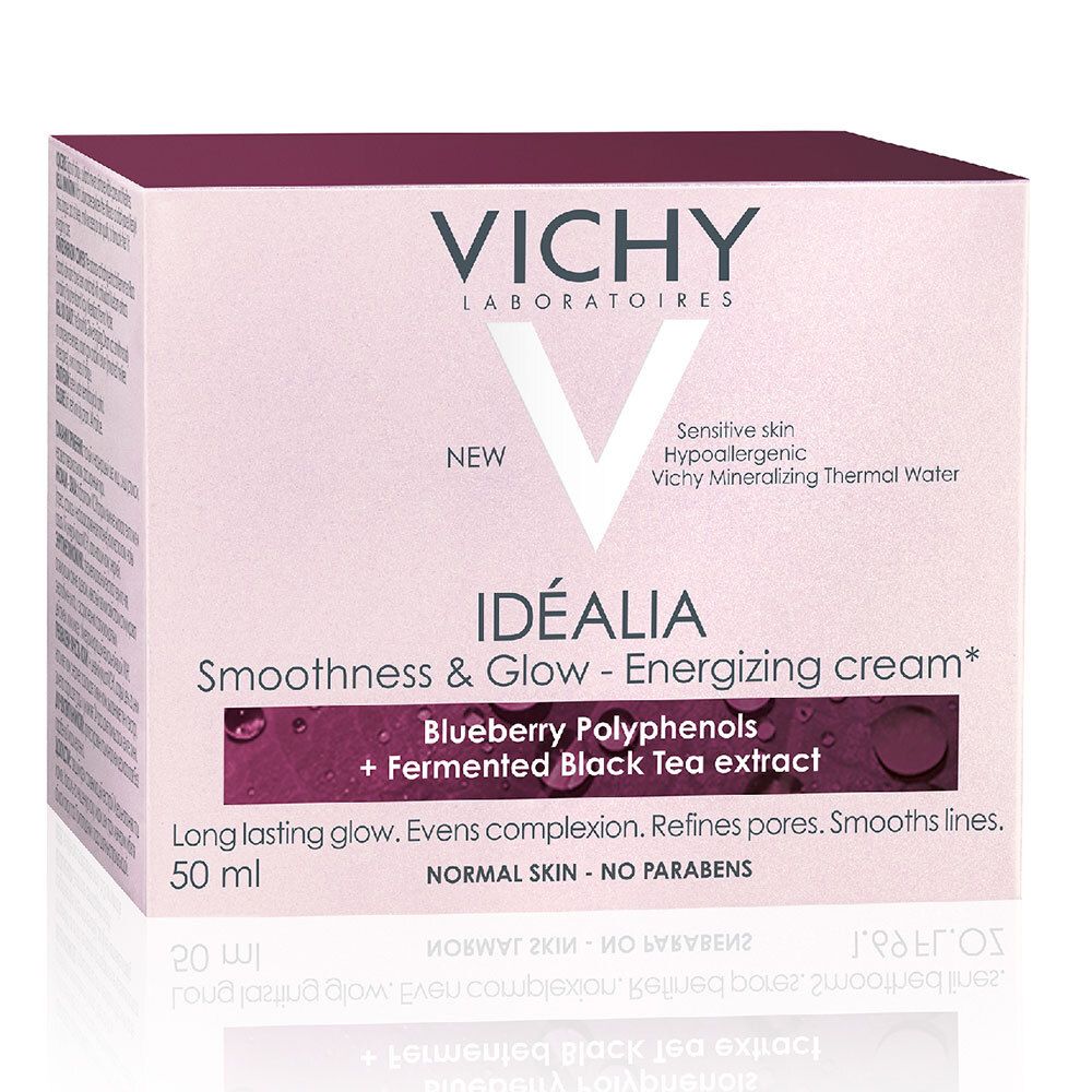 Roze doos met productinformatie. Op de verpakking staat "VICHY IDEALIA".