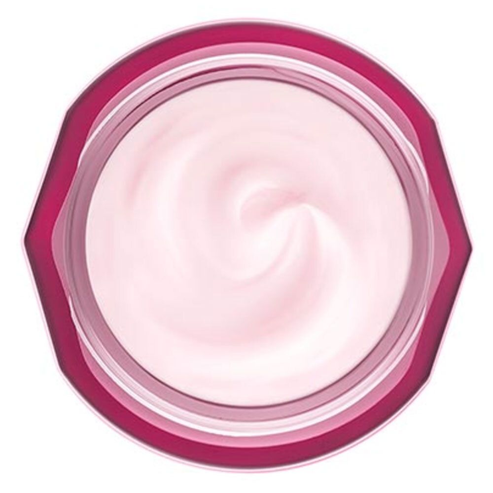 Bovenaanzicht van een potje met roze crème. De pot is rood omrand.