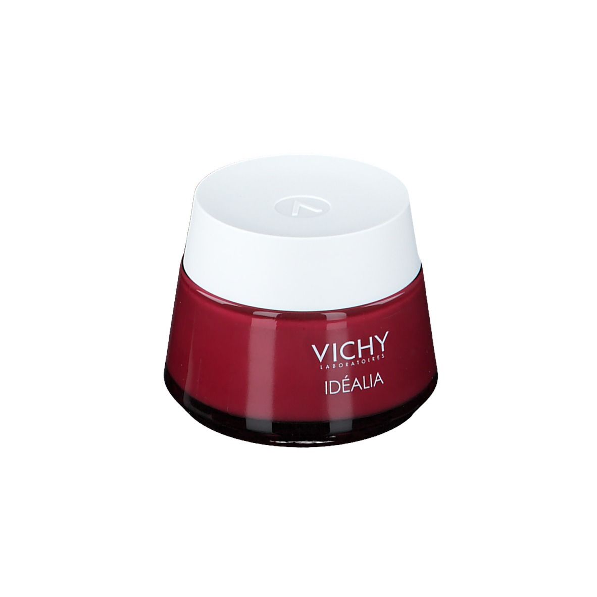 Pot rouge avec couvercle blanc. Inscription "VICHY Idéalia".