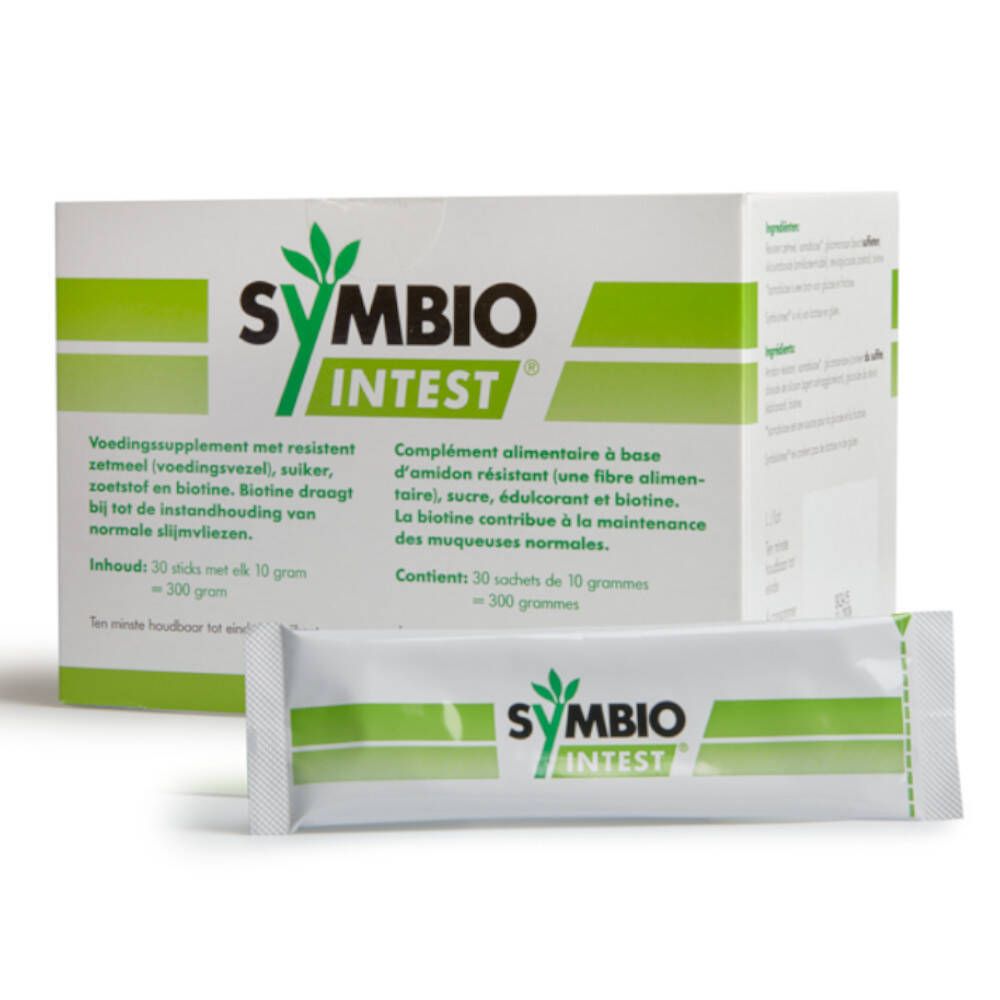 Schachtel und Stick mit "Symbio Intest"-Logo. Text in Niederländisch und Französisch. Stick ist weiß.