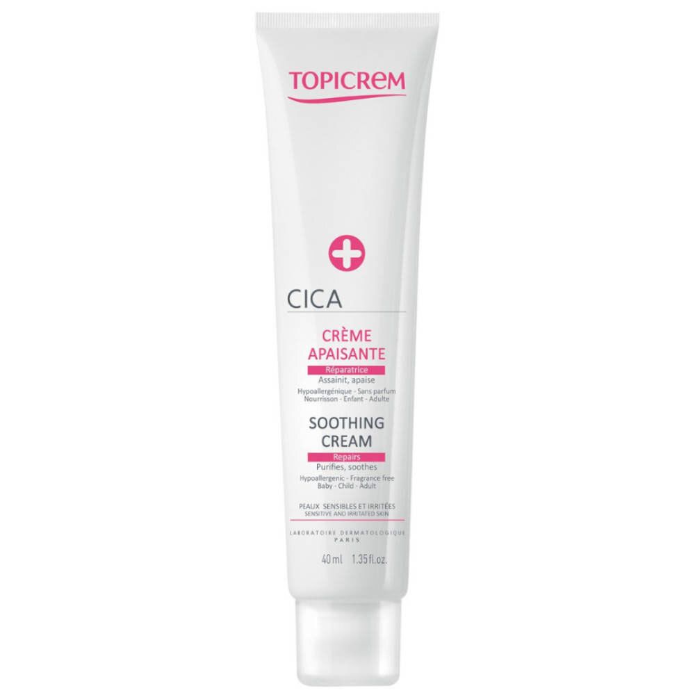 Tube blanche avec accents roses. Inscription TOPICREM, CICA Crème Apaisante, Soothing Cream. 40ml.