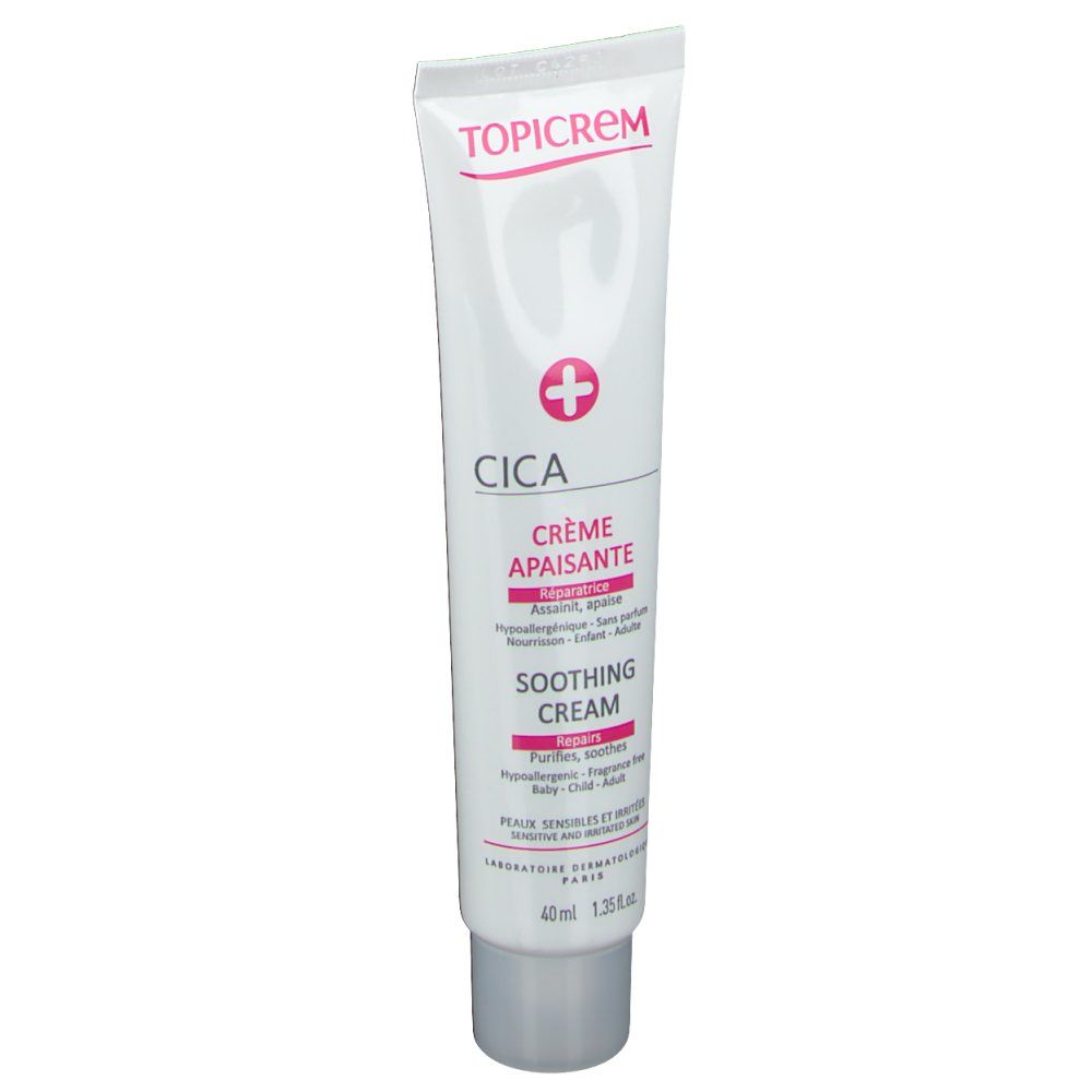 Tube blanc avec accents roses. Inscription TOPICREM, CICA Crème Apaisante, Soothing Cream. 40ml.