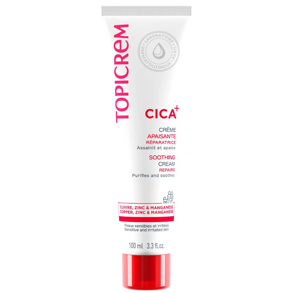 Weiße Tube mit roter Schrift. Enthält CICA+ Crème Réparatrice. Marke TOPICREM. 100 ml. Für empfindliche Haut.