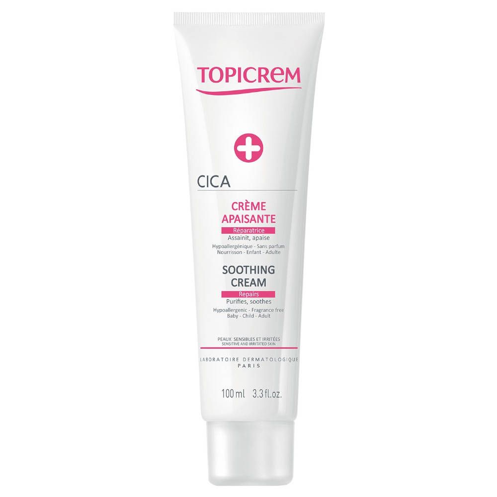 Tube blanche et rose. Inscription TOPICREM, CICA, Crème Apaisante. 100 ml. Pour peaux sensibles. Testé dermatologiquement.
