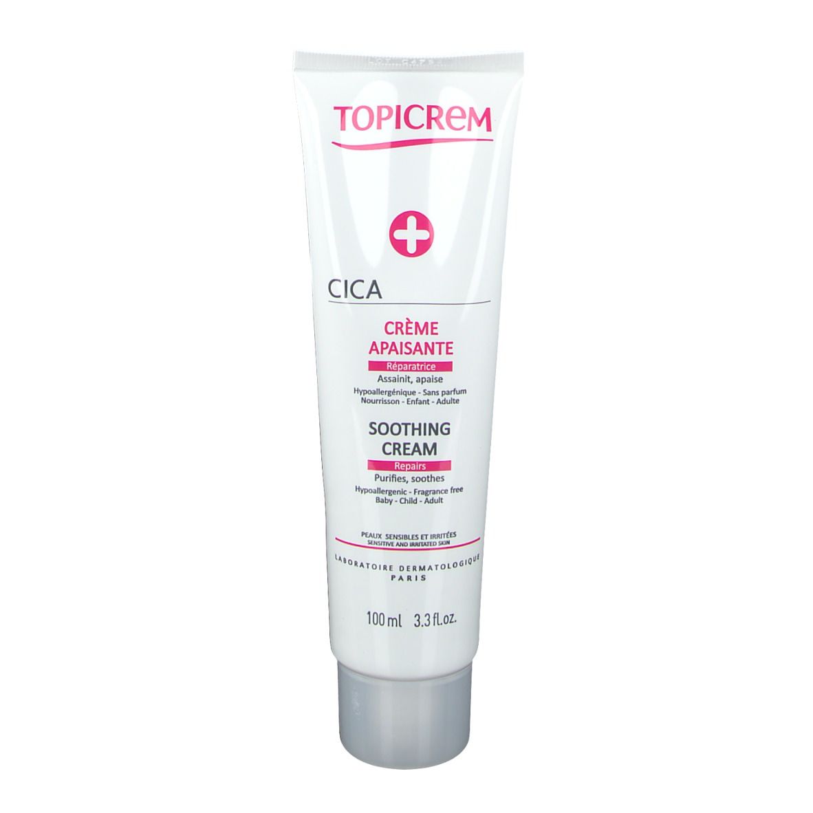Tube blanc et rose. Inscription TOPICREM, CICA, Crème Apaisante. 100 ml. Pour peaux sensibles. Testé dermatologiquement.