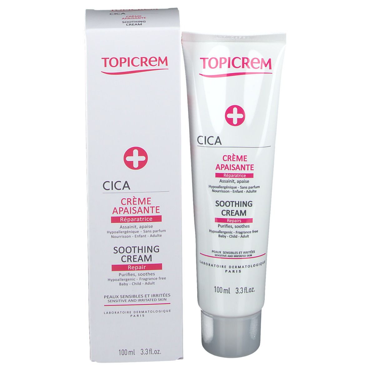 Emballage du produit. Tube et boîte. Tube : TOPICREM, CICA, Crème Apaisante. Boîte : mêmes informations. 100 ml.