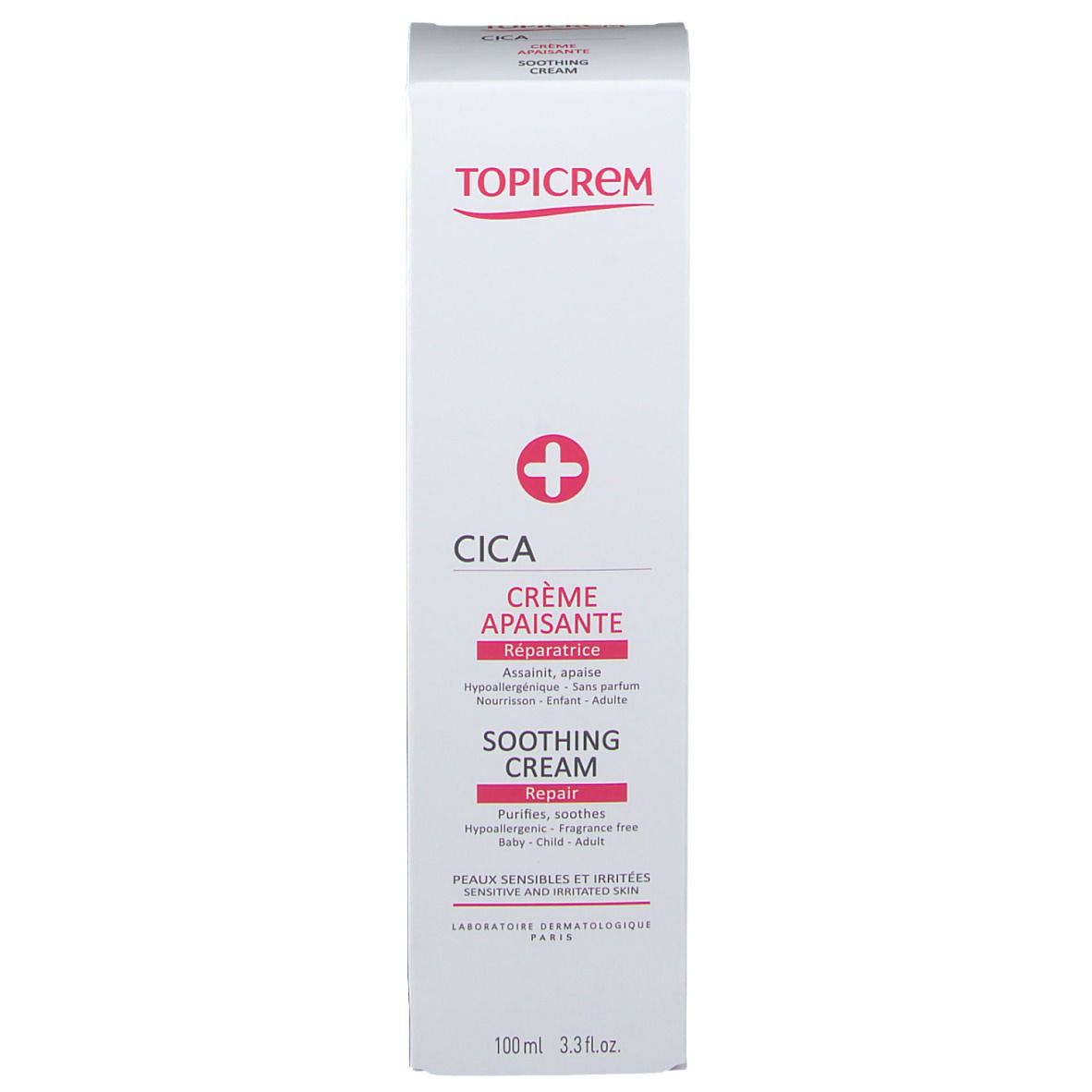 Boîte blanche. Inscription TOPICREM, CICA, Crème Apaisante. 100 ml. Pour peaux sensibles. Testé dermatologiquement.