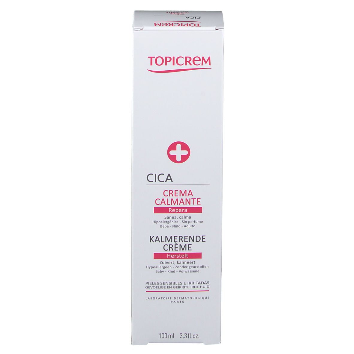 Boîte blanche. Inscription TOPICREM, CICA, Crème Calmante. 100 ml. Pour peaux sensibles. Testé dermatologiquement.