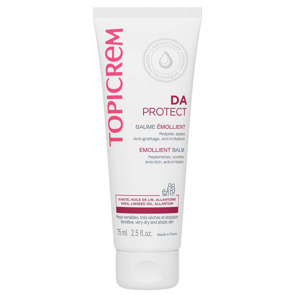 Weichmachender Balsam-Tube. Weiß, mit rosa und schwarzer Schrift. Enthält Produktnamen und Text: DA Protect, Baume Émollient, 75 ml.
