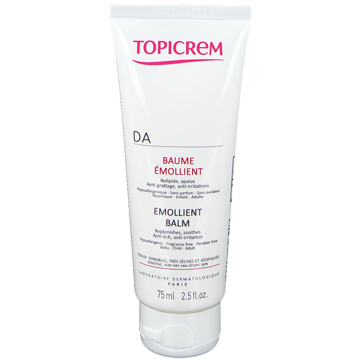 Witte tube verzachtende balsem. Topicrem-logo bovenaan. Tekst: Baume Emollient. Inhoud: 75 ml.