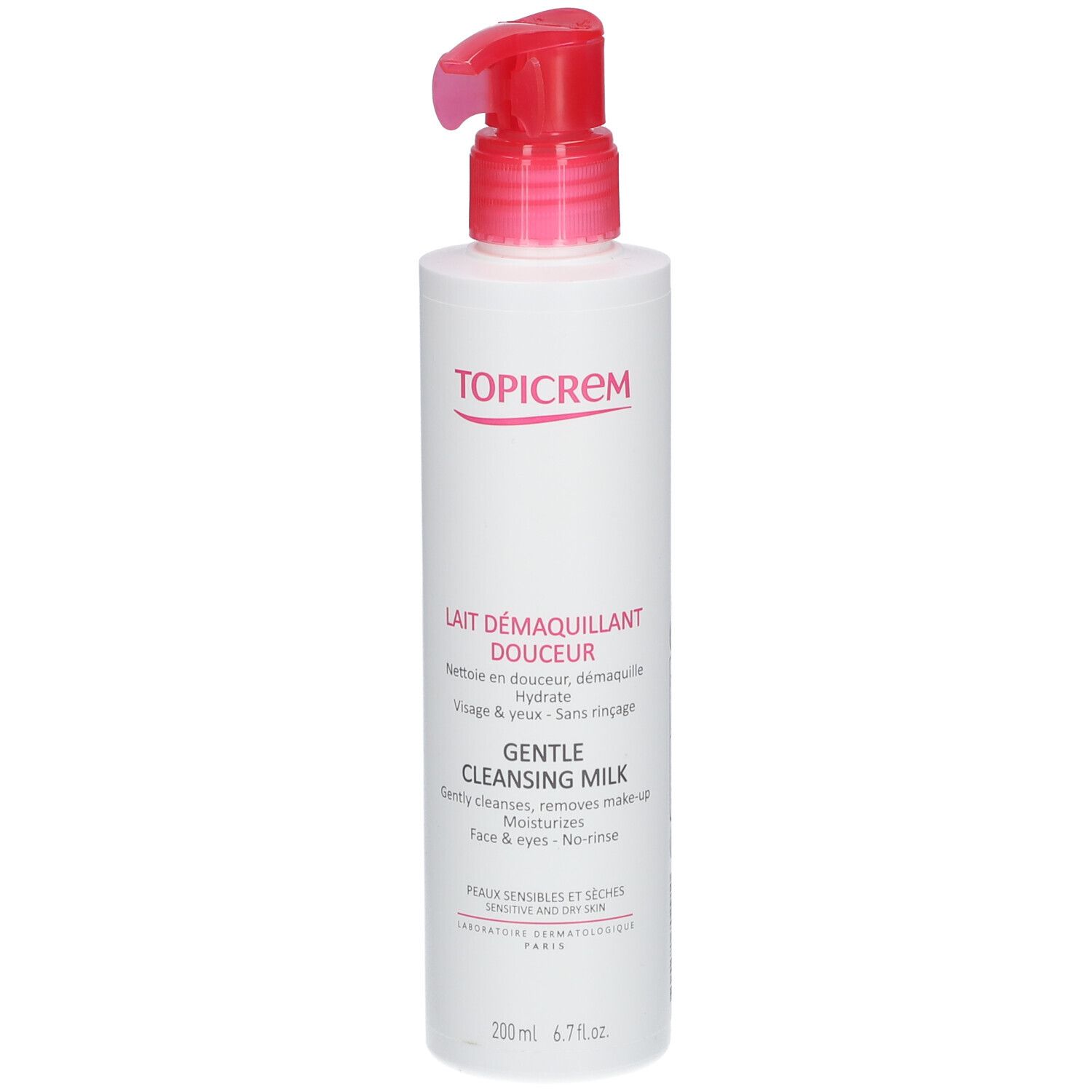 Flacon blanc avec pompe rose. Inscriptions TOPICREM, Lait Démaquillant Douceur, Gentle Cleansing Milk. Pour peaux sensibles.