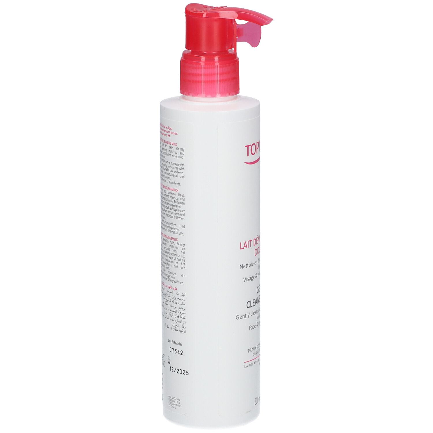 Flacon blanc avec pompe rose. Inscriptions TOPICREM, Lait Démaquillant Douceur, Gentle Cleansing Milk. Texte au dos.